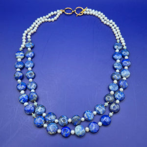 Elegante Vintage Lapislazuli und Perlen Doppelketten Halskette
