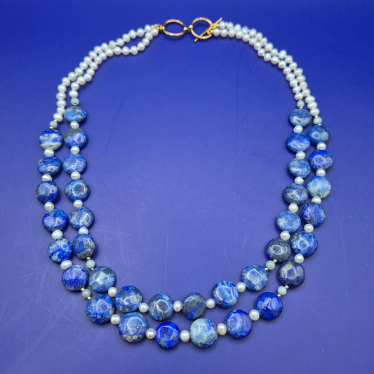 Elegante Vintage Lapislazuli und Perlen Doppelketten Halskette