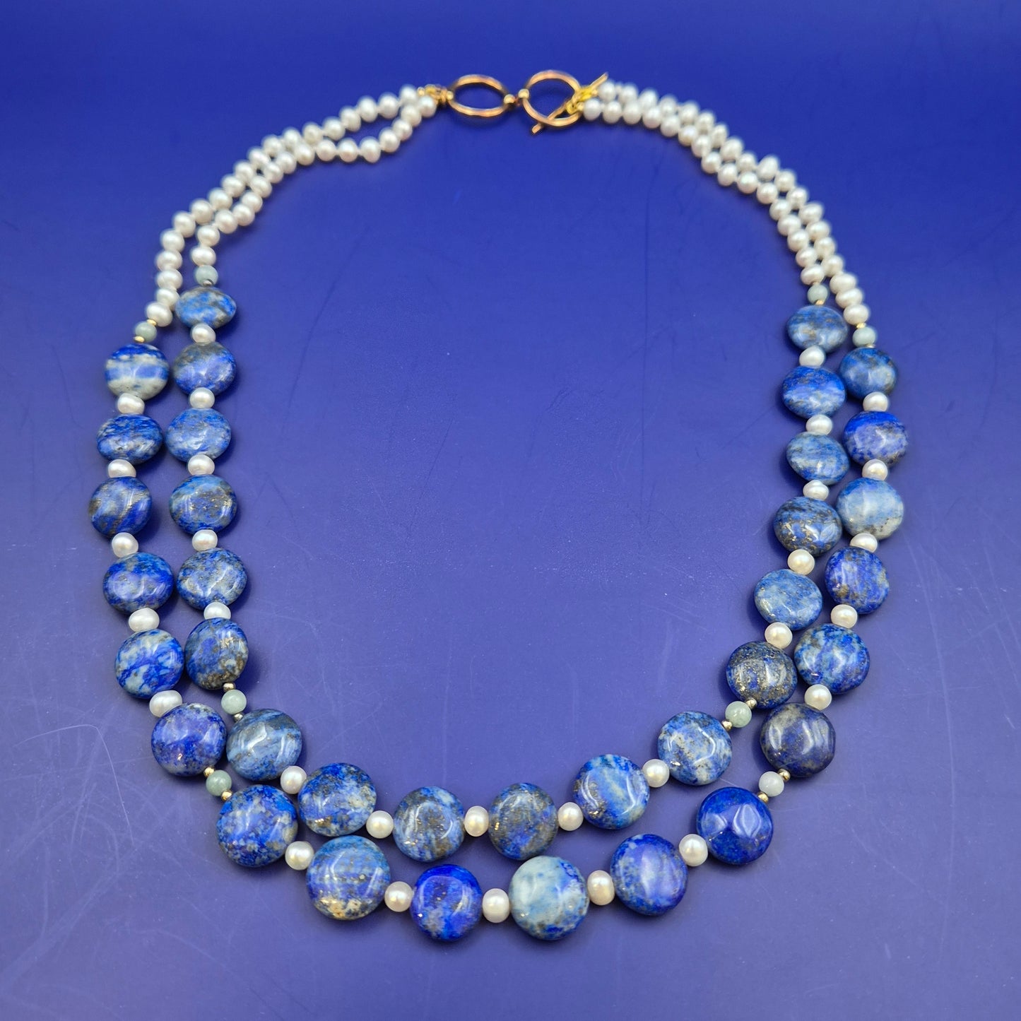 Elegante Vintage Lapislazuli und Perlen Doppelketten Halskette
