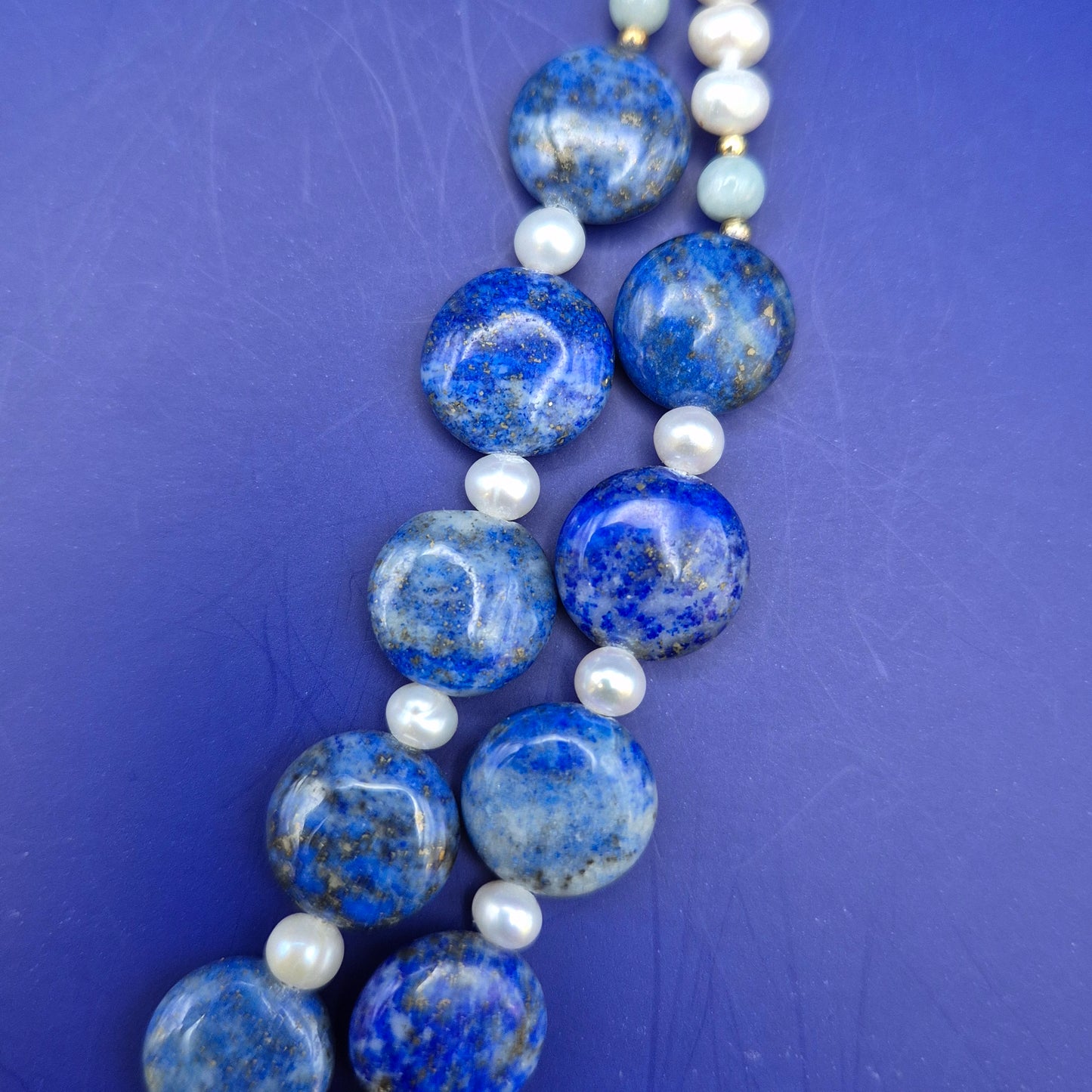 Elegante Vintage Lapislazuli und Perlen Doppelketten Halskette