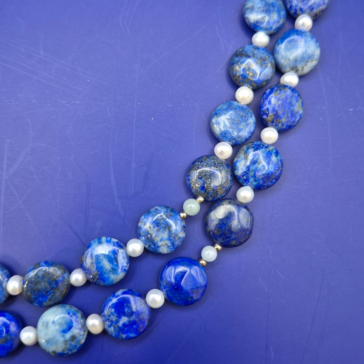Elegante Vintage Lapislazuli und Perlen Doppelketten Halskette