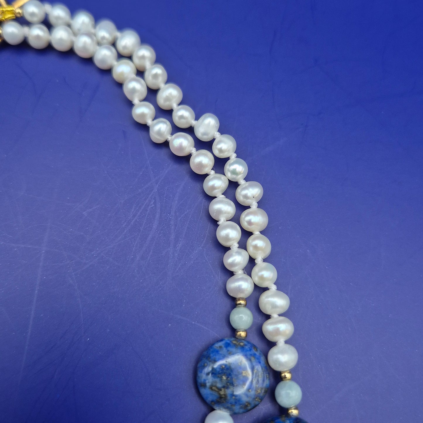 Elegante Vintage Lapislazuli und Perlen Doppelketten Halskette