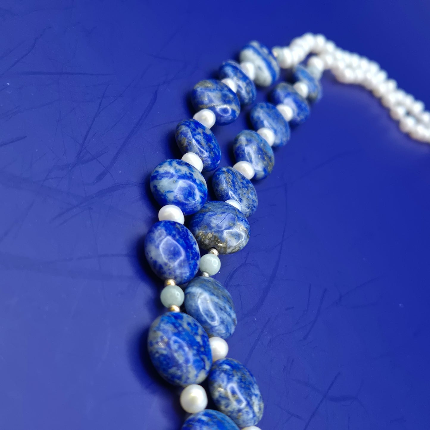 Elegante Vintage Lapislazuli und Perlen Doppelketten Halskette