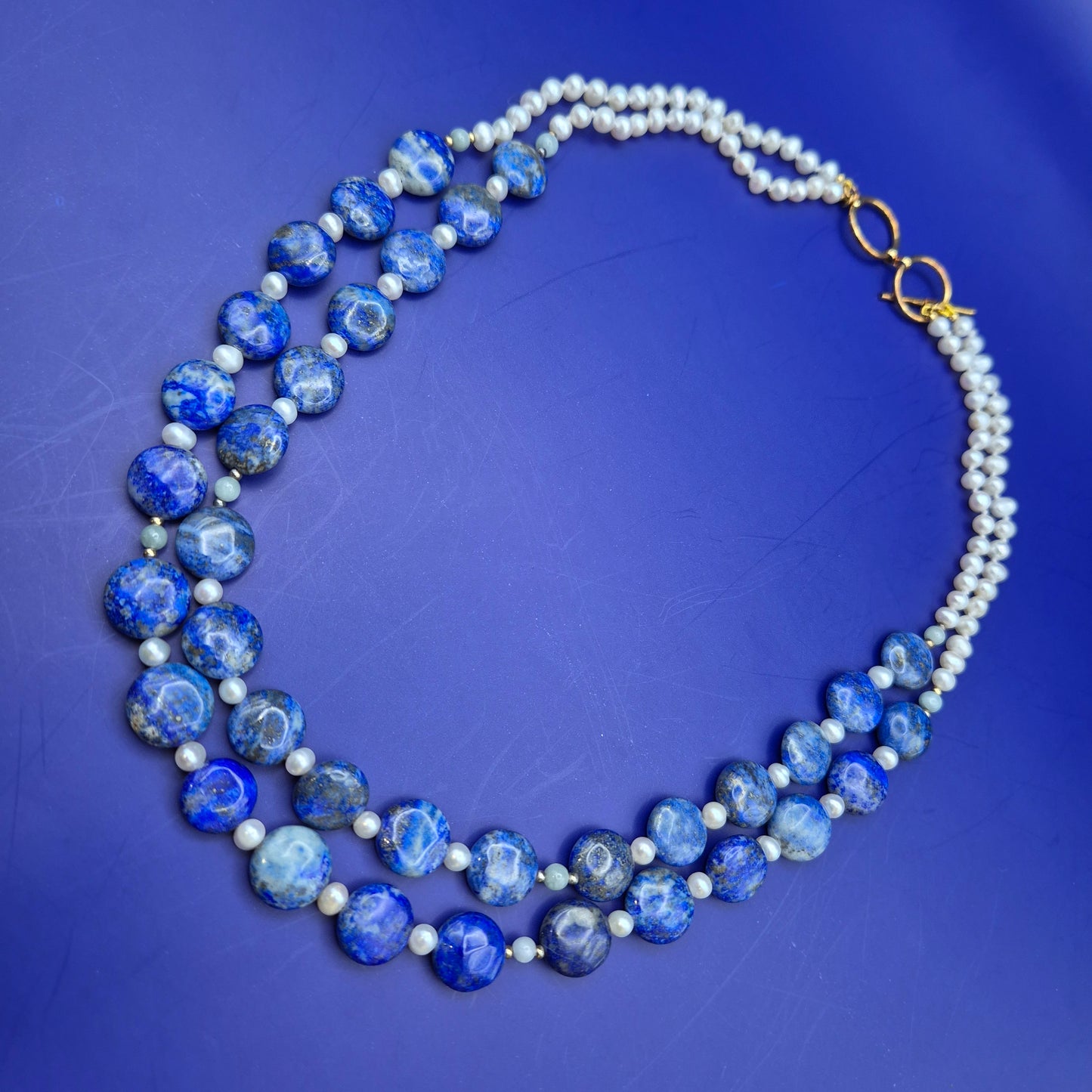 Elegante Vintage Lapislazuli und Perlen Doppelketten Halskette