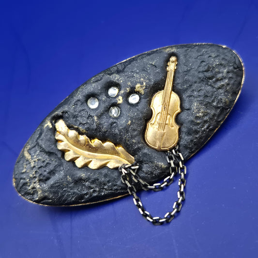 Vintage Brosche Musikmotiv mit Geige und Blatt Goldfarben