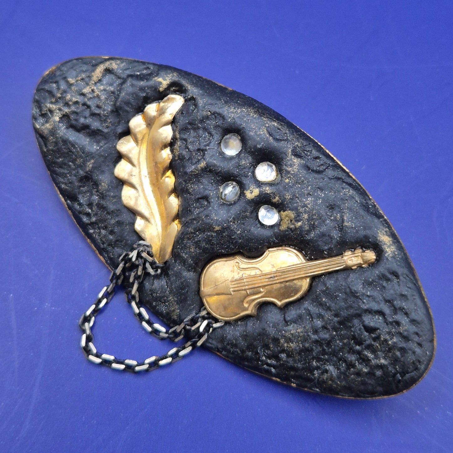 Vintage Brosche Musikmotiv mit Geige und Blatt Goldfarben