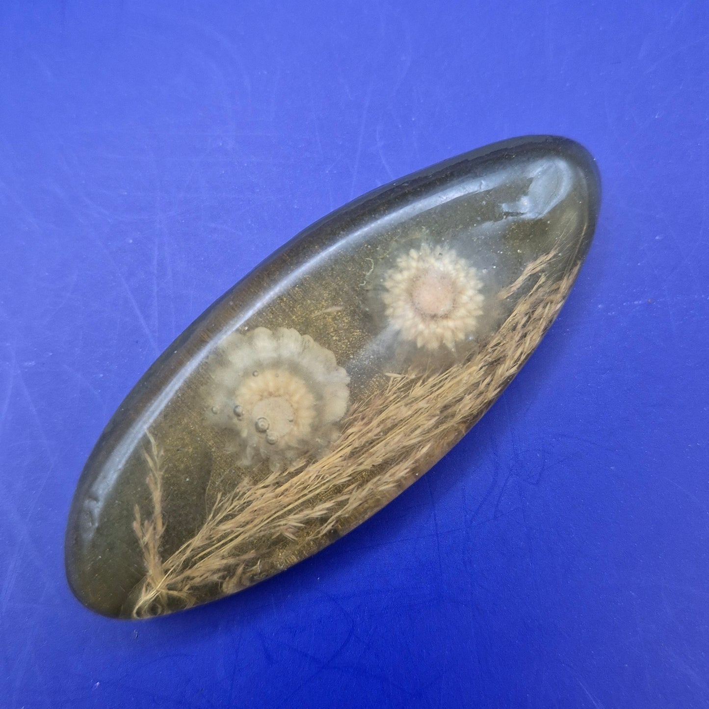 Vintage Kunstharz Brosche mit getrockneten Blumen und Gräsern