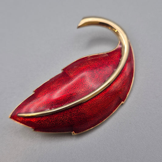 Vintage Blatt Brosche in Goldoptik mit roter Emaille