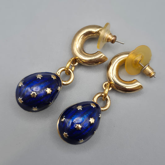 Vintage Ohrhänger Goldfarben mit blauen Emaille Sternen Anhängern