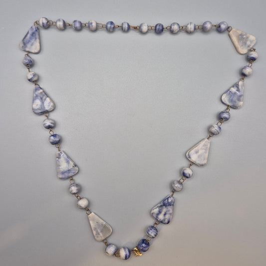 Vintage Kette Blau Weiß Marmorierte Perlen Geometrische Elemente
