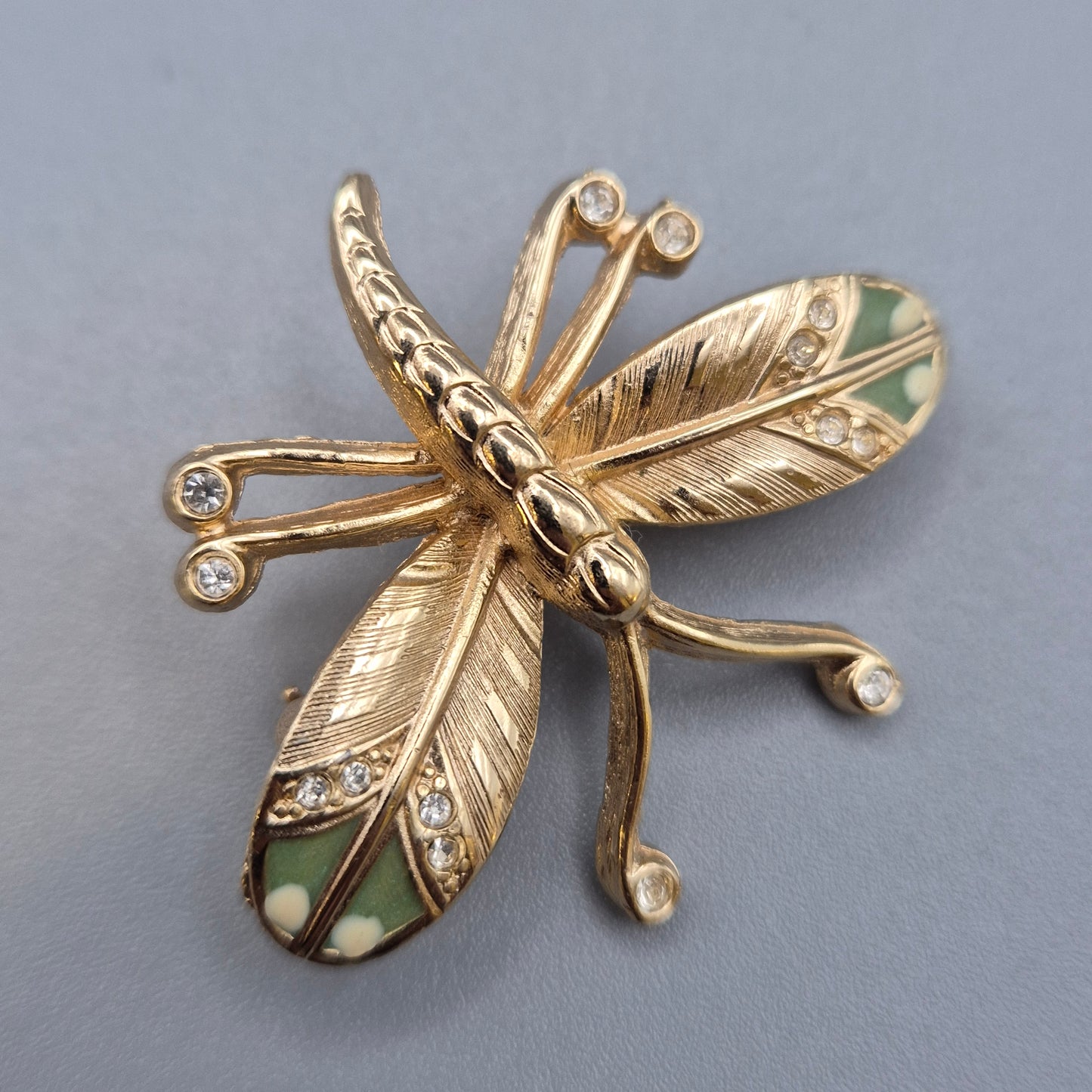 Vintage Libellen Brosche mit Emaille und Strass Goldfarben