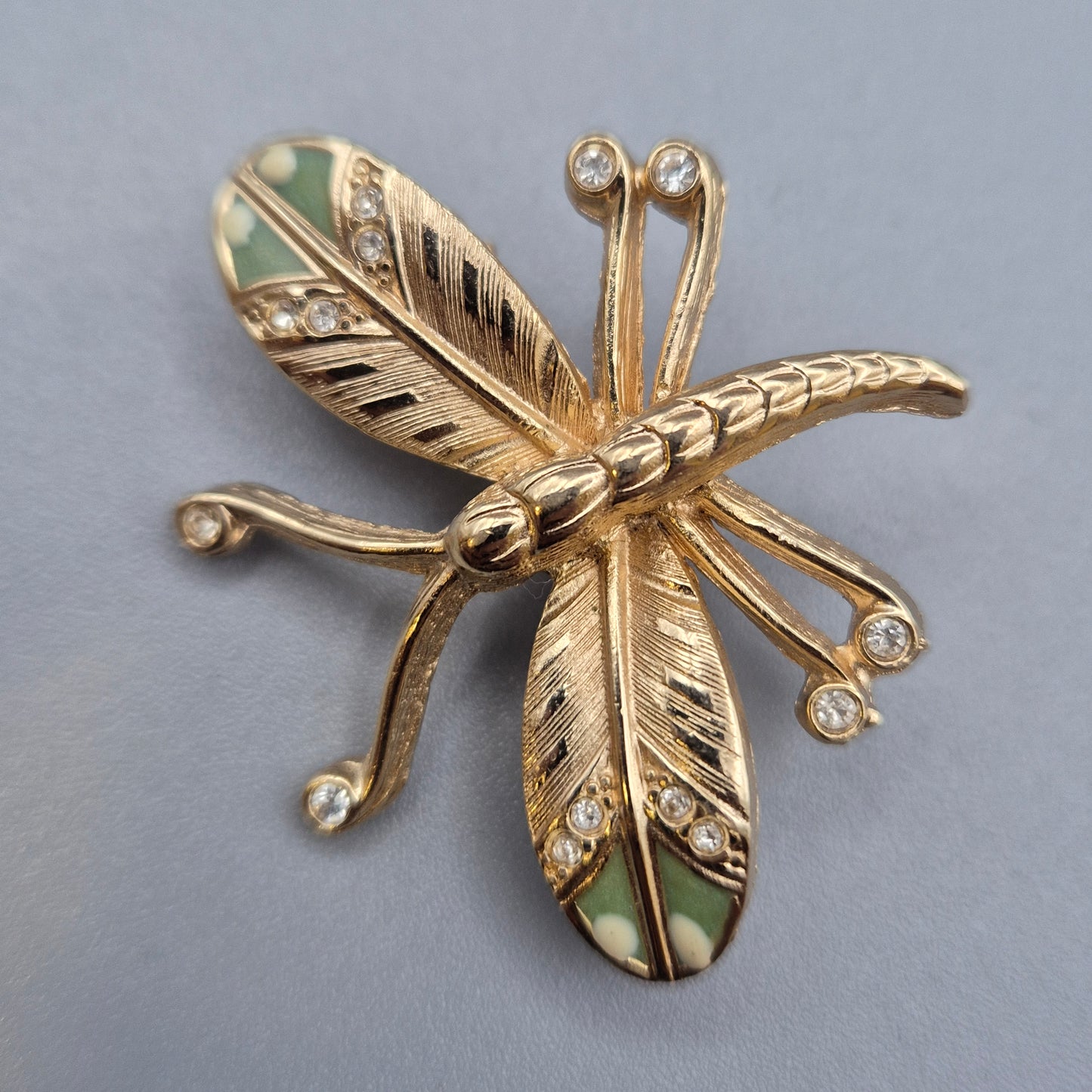 Vintage Libellen Brosche mit Emaille und Strass Goldfarben