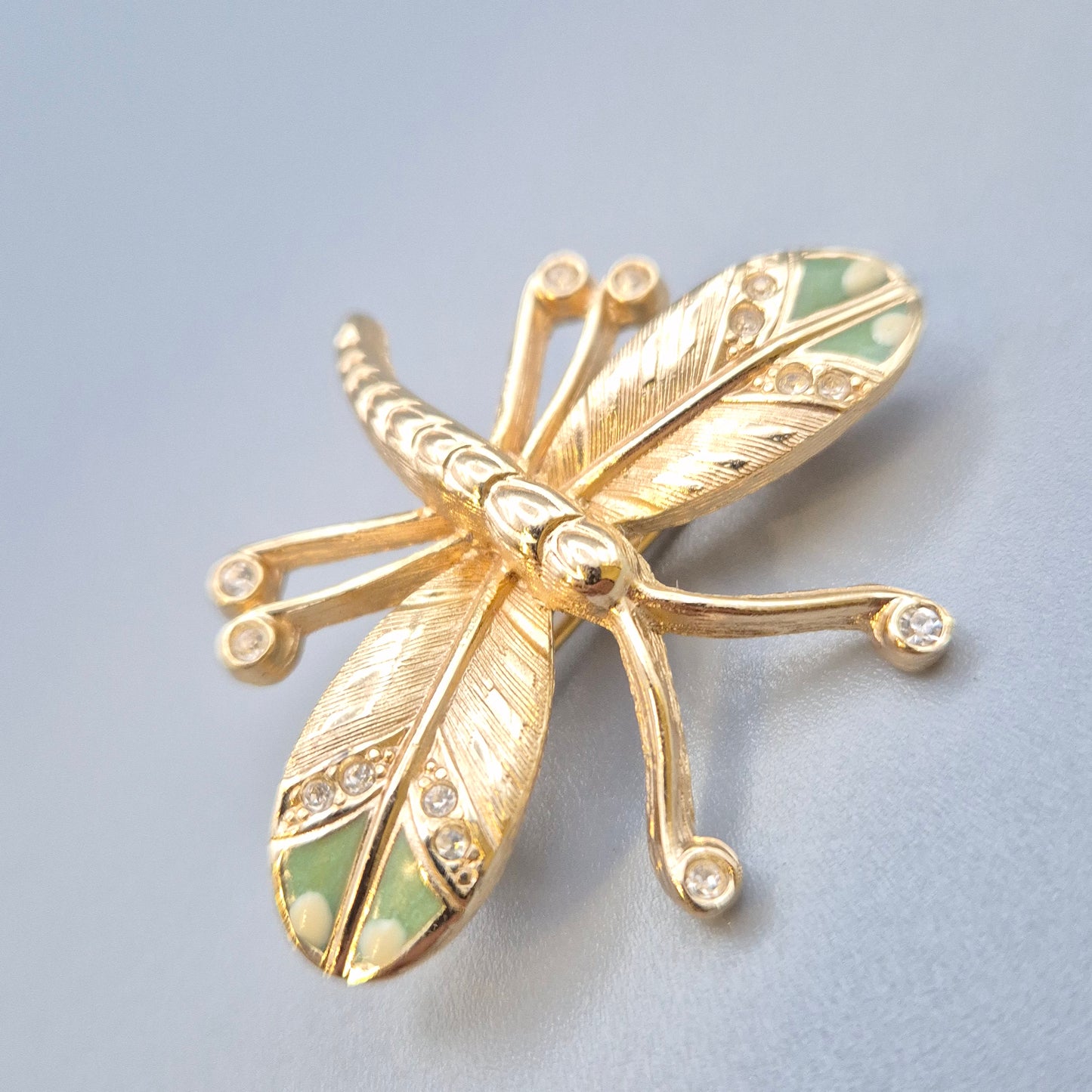 Vintage Libellen Brosche mit Emaille und Strass Goldfarben