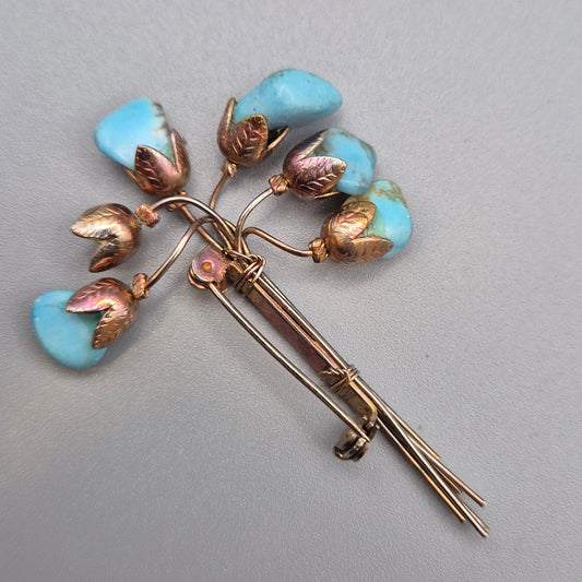Vintage Blumen Brosche mit Türkis Steinen Goldfarben