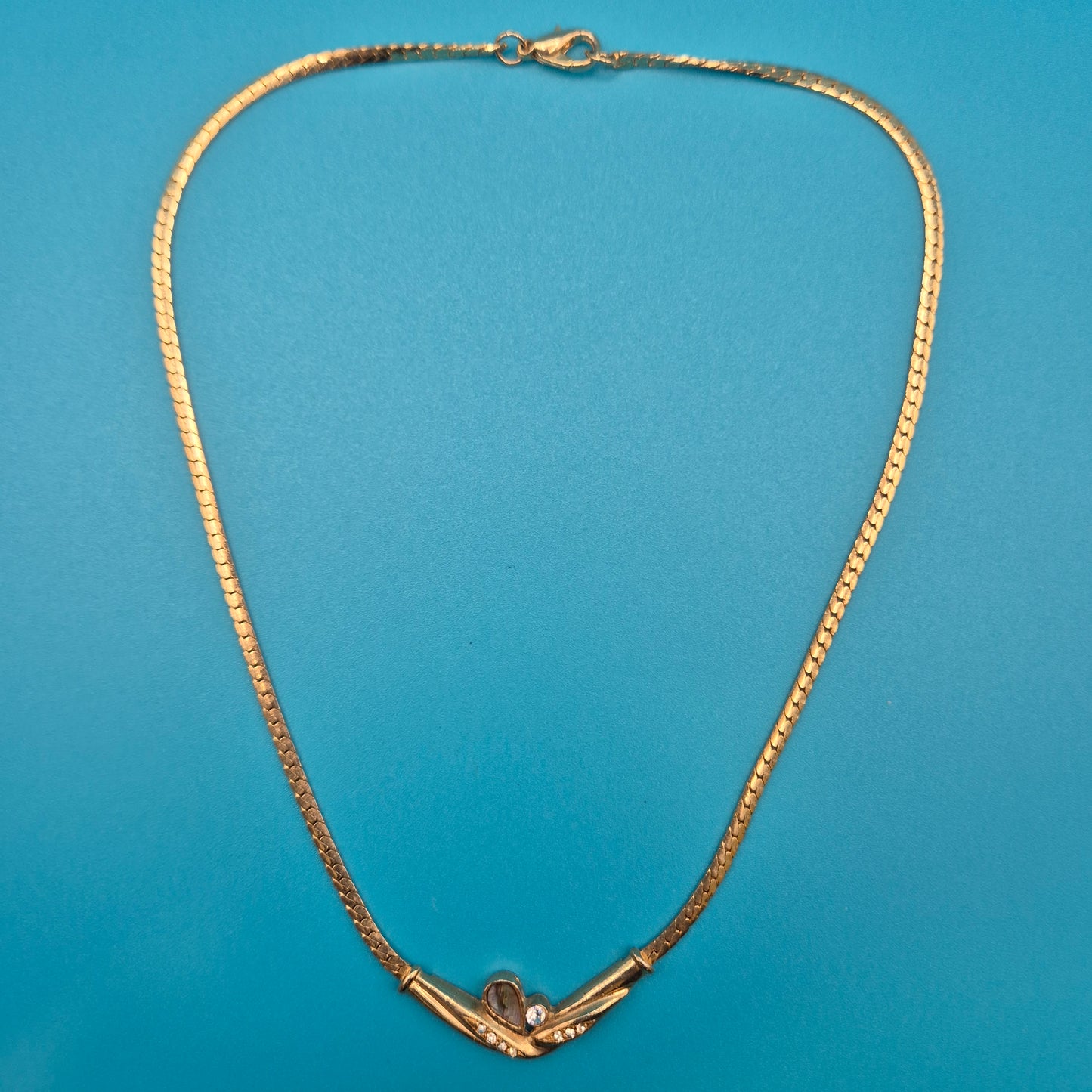 Elegante Vintage Collier Halskette mit Steinbesatz und Fischgrätkette