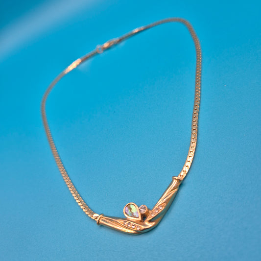 Elegante Vintage Collier Halskette mit Steinbesatz und Fischgrätkette
