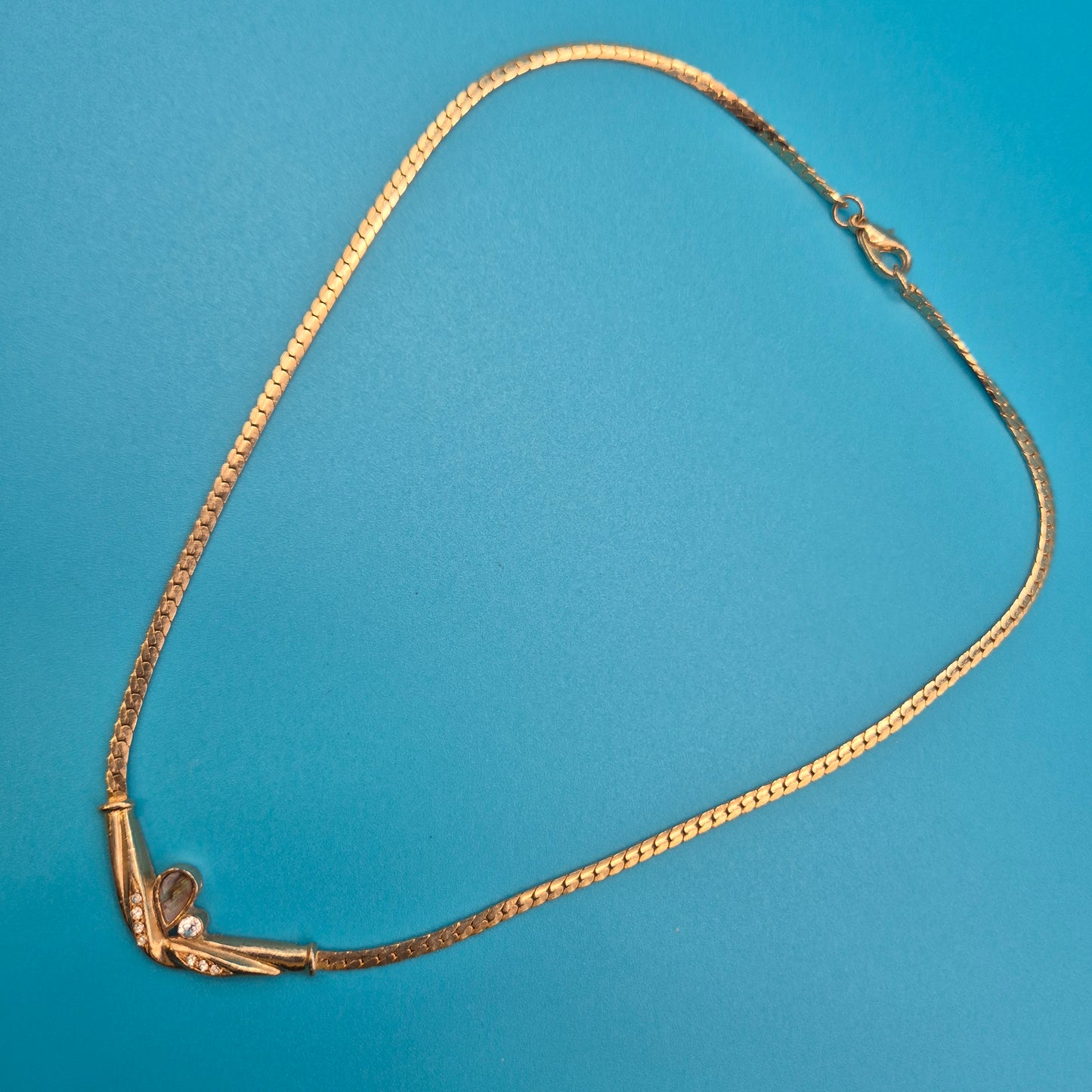 Elegante Vintage Collier Halskette mit Steinbesatz und Fischgrätkette