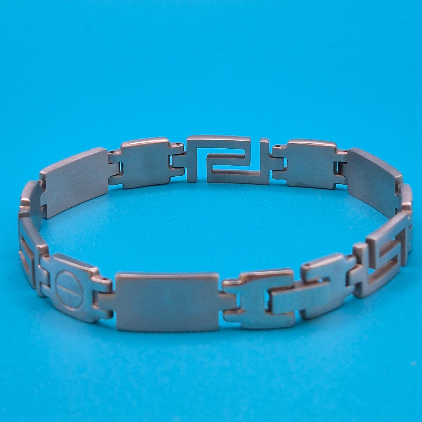 Vintage Edelstahl Armband im griechischen Mäander-Design