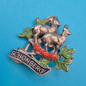 Vintage Emaille-Brosche "Schönberg" mit Bergziegen-Motiv