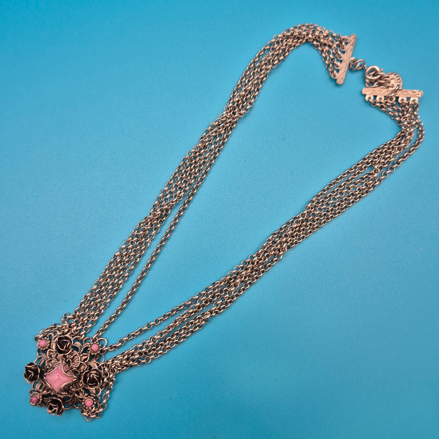 Vintage Statement Halskette mit Blumen-Elementen und rosa Steinbesatz