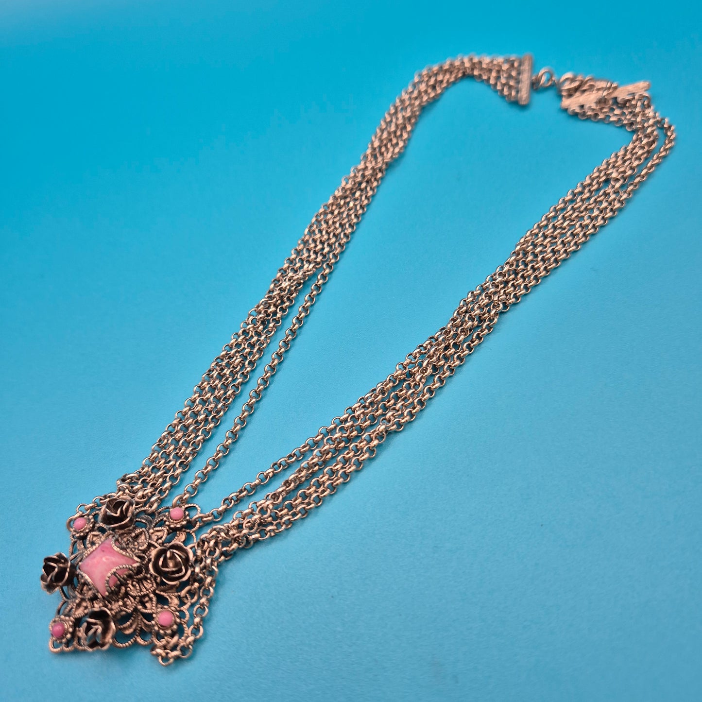 Vintage Statement Halskette mit Blumen-Elementen und rosa Steinbesatz