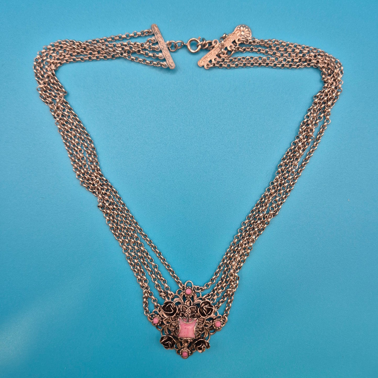 Vintage Statement Halskette mit Blumen-Elementen und rosa Steinbesatz