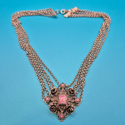 Vintage Statement Halskette mit Blumen-Elementen und rosa Steinbesatz