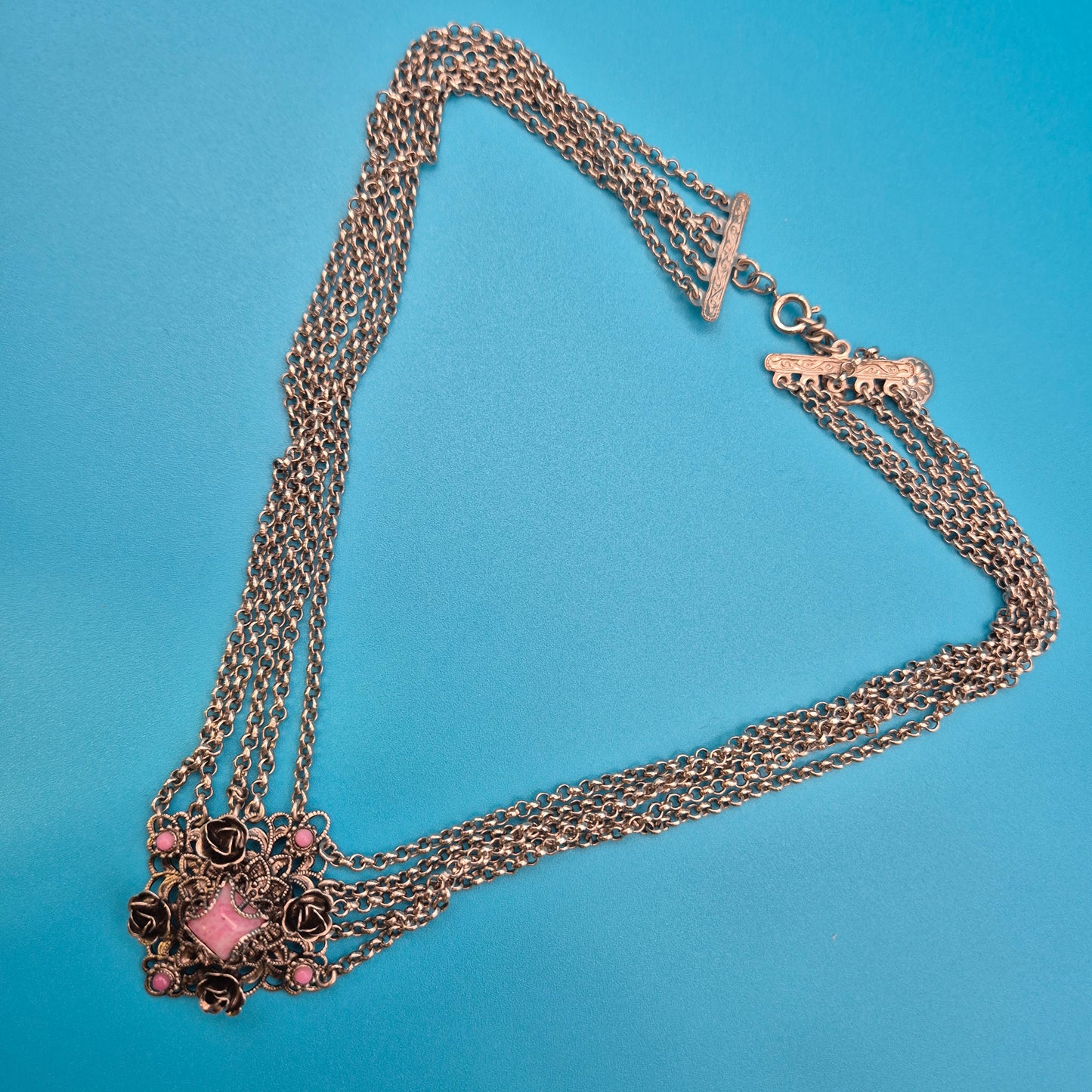 Vintage Statement Halskette mit Blumen-Elementen und rosa Steinbesatz