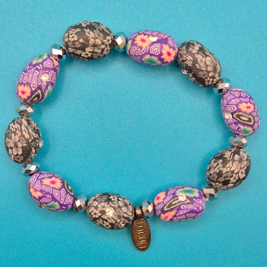 Vintage Loculi Armband lila Blumenmuster & Schwarz-Grau Mix mit Strass