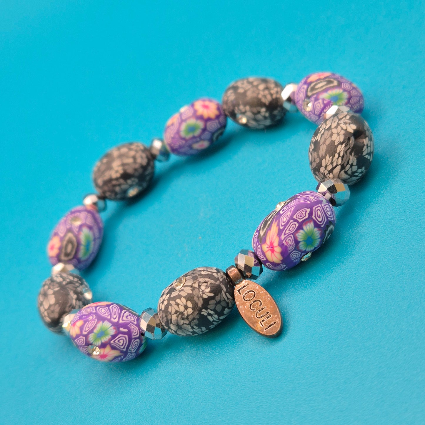 Vintage Loculi Armband lila Blumenmuster & Schwarz-Grau Mix mit Strass