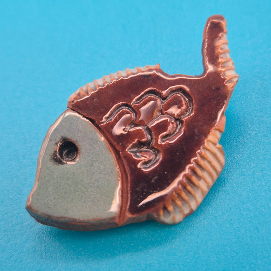 Handgefertigte Keramik Brosche Fisch in Braun-Grün Vintage Design