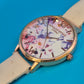 Vintage LVPAI Damen-Armbanduhr mit florales Zifferblatt und weißem Lederband