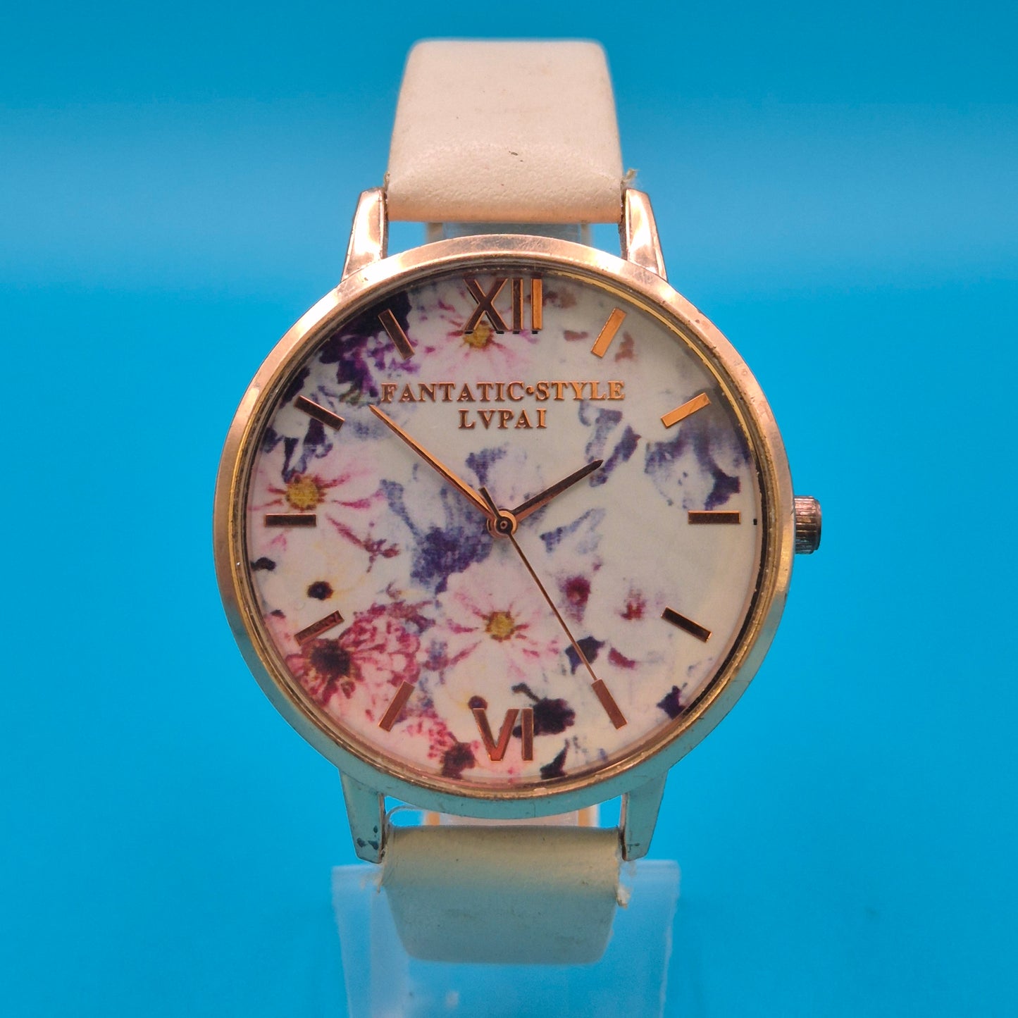 Vintage LVPAI Damen-Armbanduhr mit florales Zifferblatt und weißem Lederband