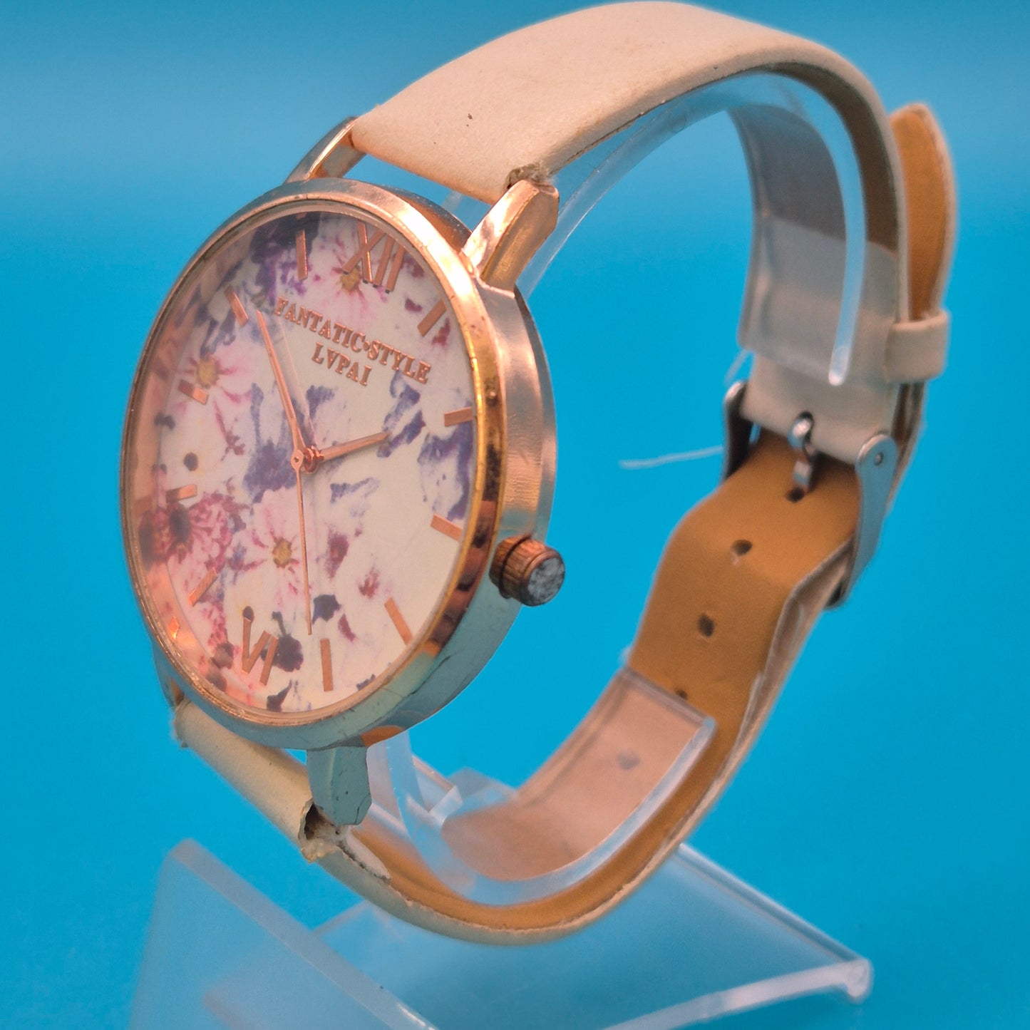 Vintage LVPAI Damen-Armbanduhr mit florales Zifferblatt und weißem Lederband