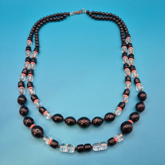 Vintage Statement-Kette zweireihig mit schwarzen und klaren Perlen