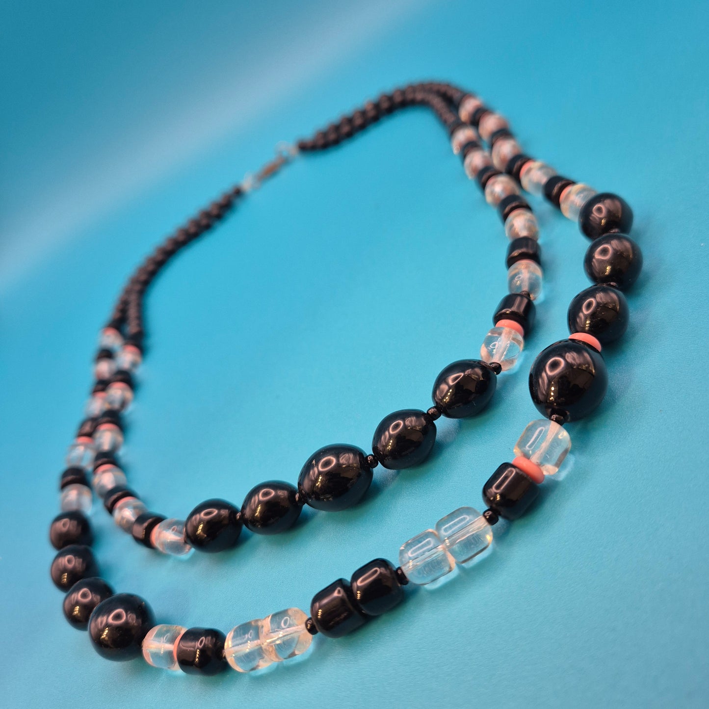 Vintage Statement-Kette zweireihig mit schwarzen und klaren Perlen