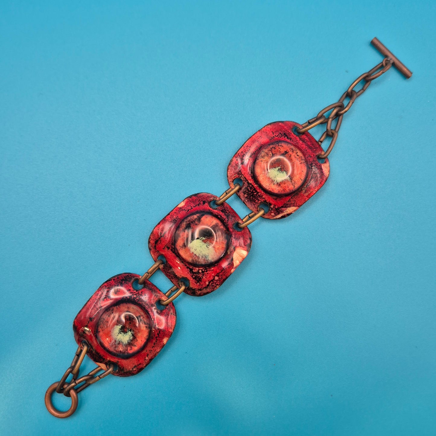 Vintage Emaille-Armband Kupfer-Optik abstrakte Scheiben-Glieder geometrisch