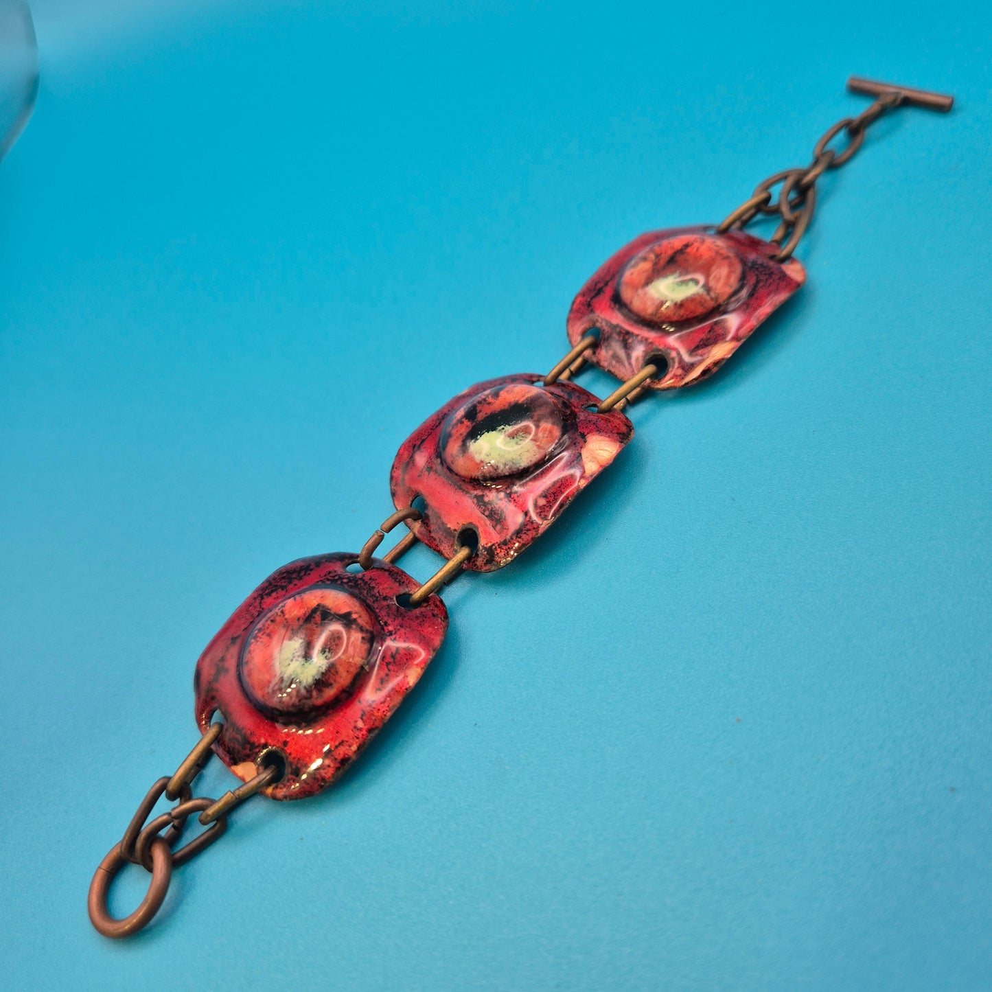 Vintage Emaille-Armband Kupfer-Optik abstrakte Scheiben-Glieder geometrisch