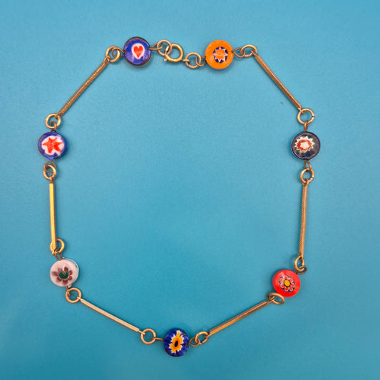 Vintage Millefiori Armband Goldfarben mit bunten Glasperlen