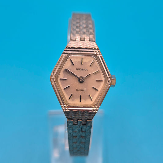 Vintage DUGENA Quartz Damenuhr Sechseck-Gehäuse mit Strukturarmband