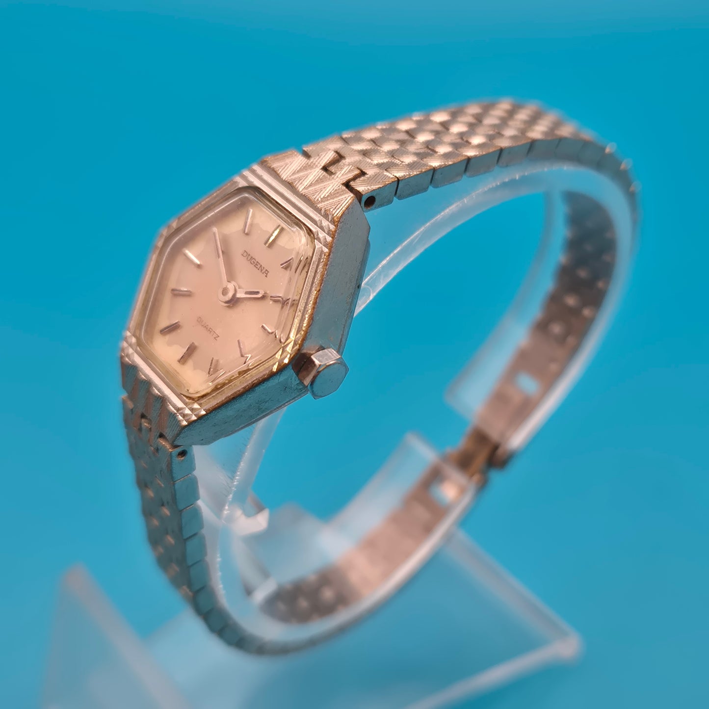 Vintage DUGENA Quartz Damenuhr Sechseck-Gehäuse mit Strukturarmband