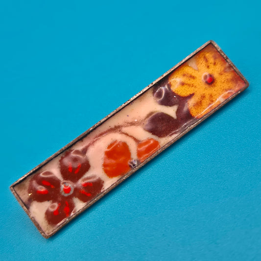Vintage Emaille Brosche rechteckig florales Dekor mehrfarbig