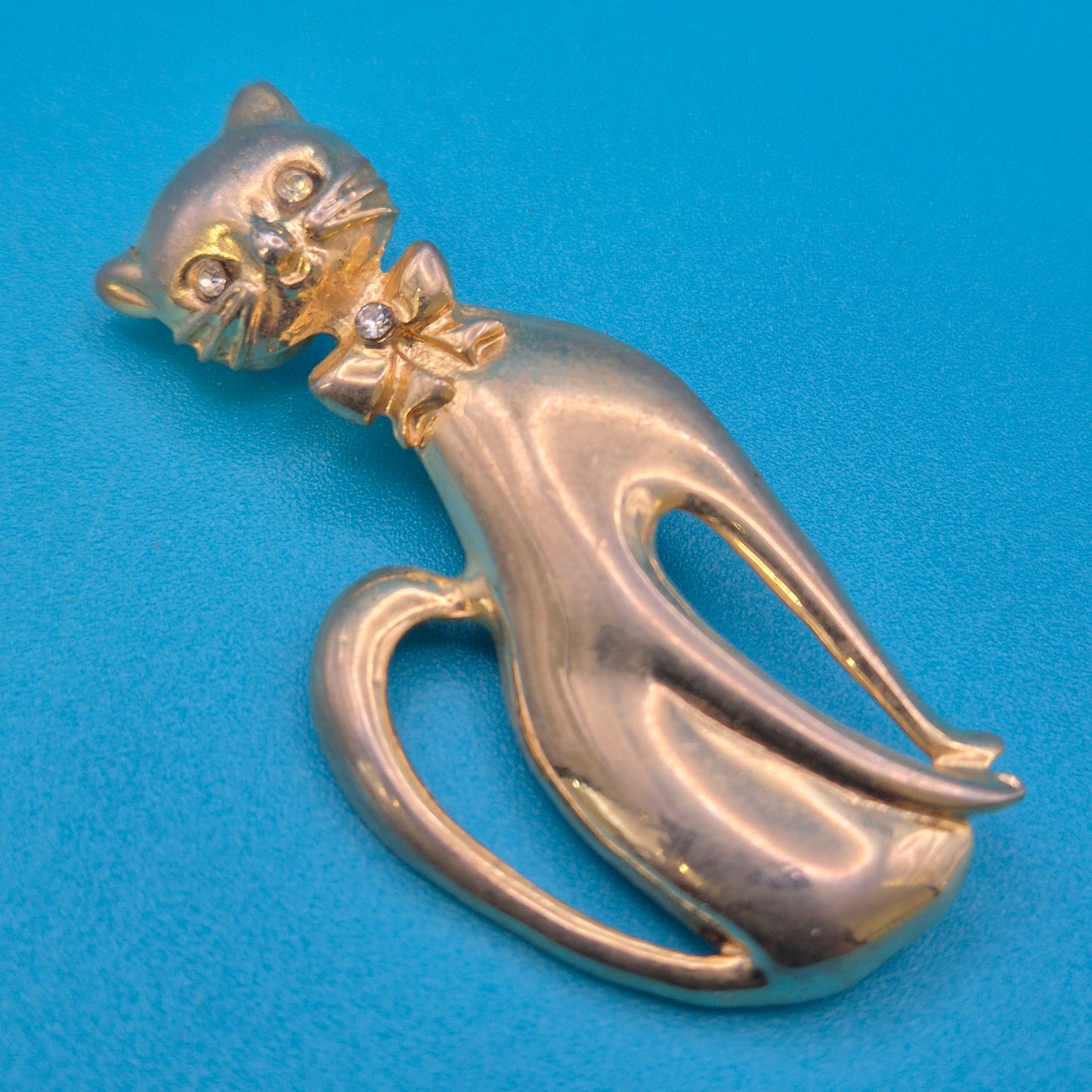 Vintage Katzen Brosche Goldfarben mit Strasssteinen