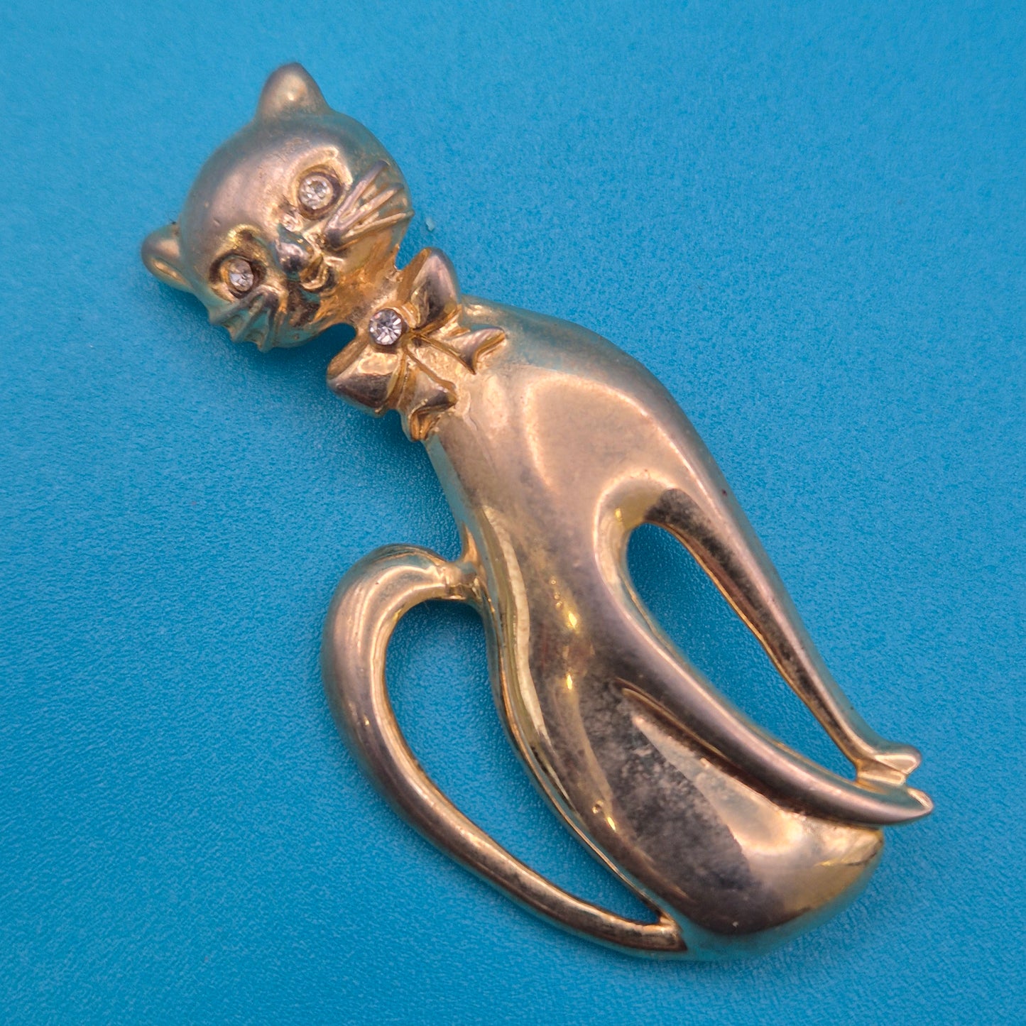 Vintage Katzen Brosche Goldfarben mit Strasssteinen