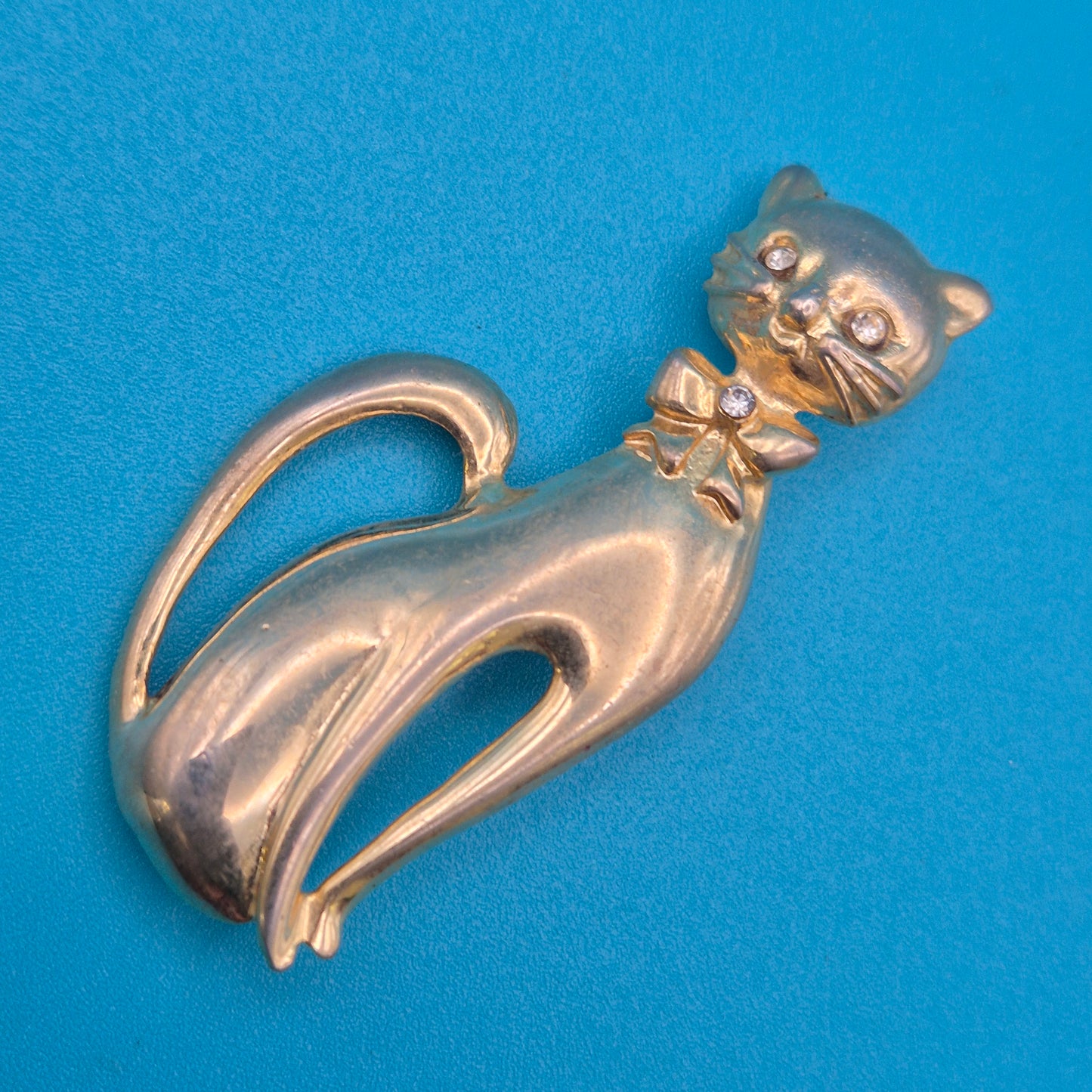 Vintage Katzen Brosche Goldfarben mit Strasssteinen