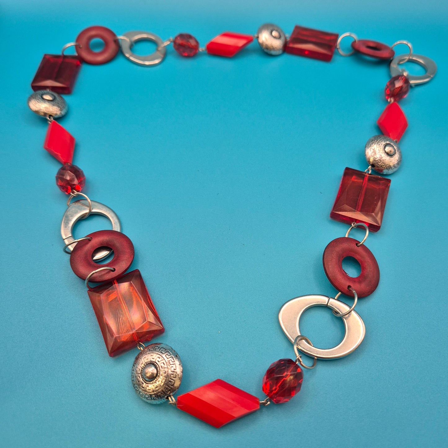 Vintage Statement Kette Rote Glasperlen Silber Design Akzente Boho Modeschmuck
