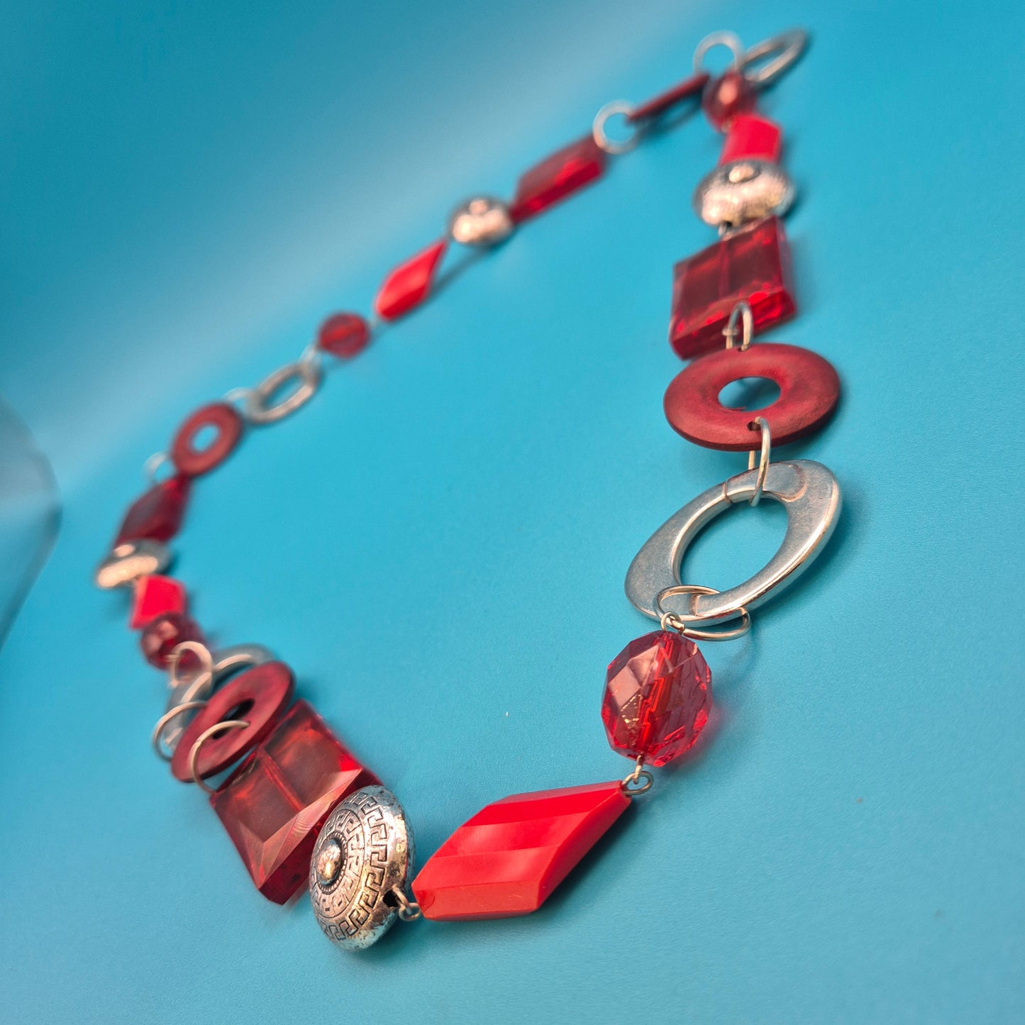Vintage Statement Kette Rote Glasperlen Silber Design Akzente Boho Modeschmuck