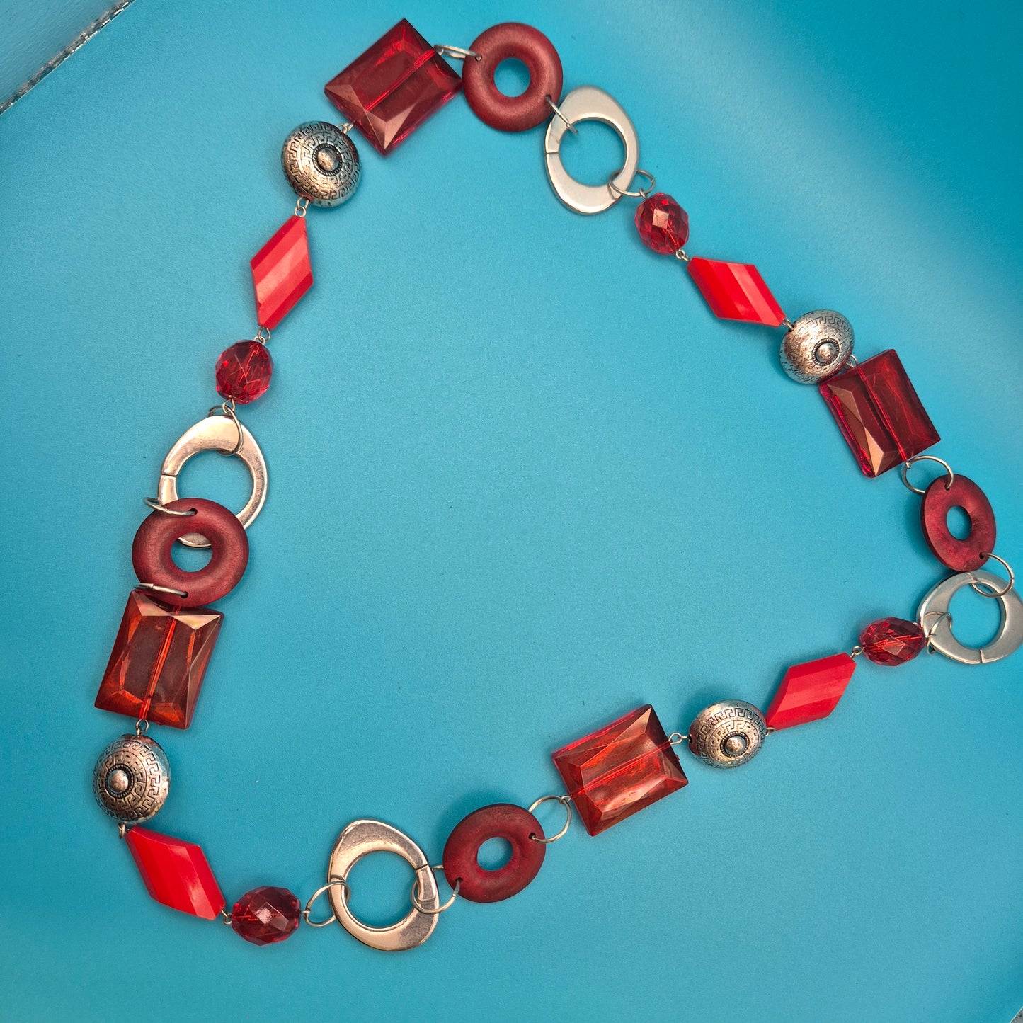 Vintage Statement Kette Rote Glasperlen Silber Design Akzente Boho Modeschmuck