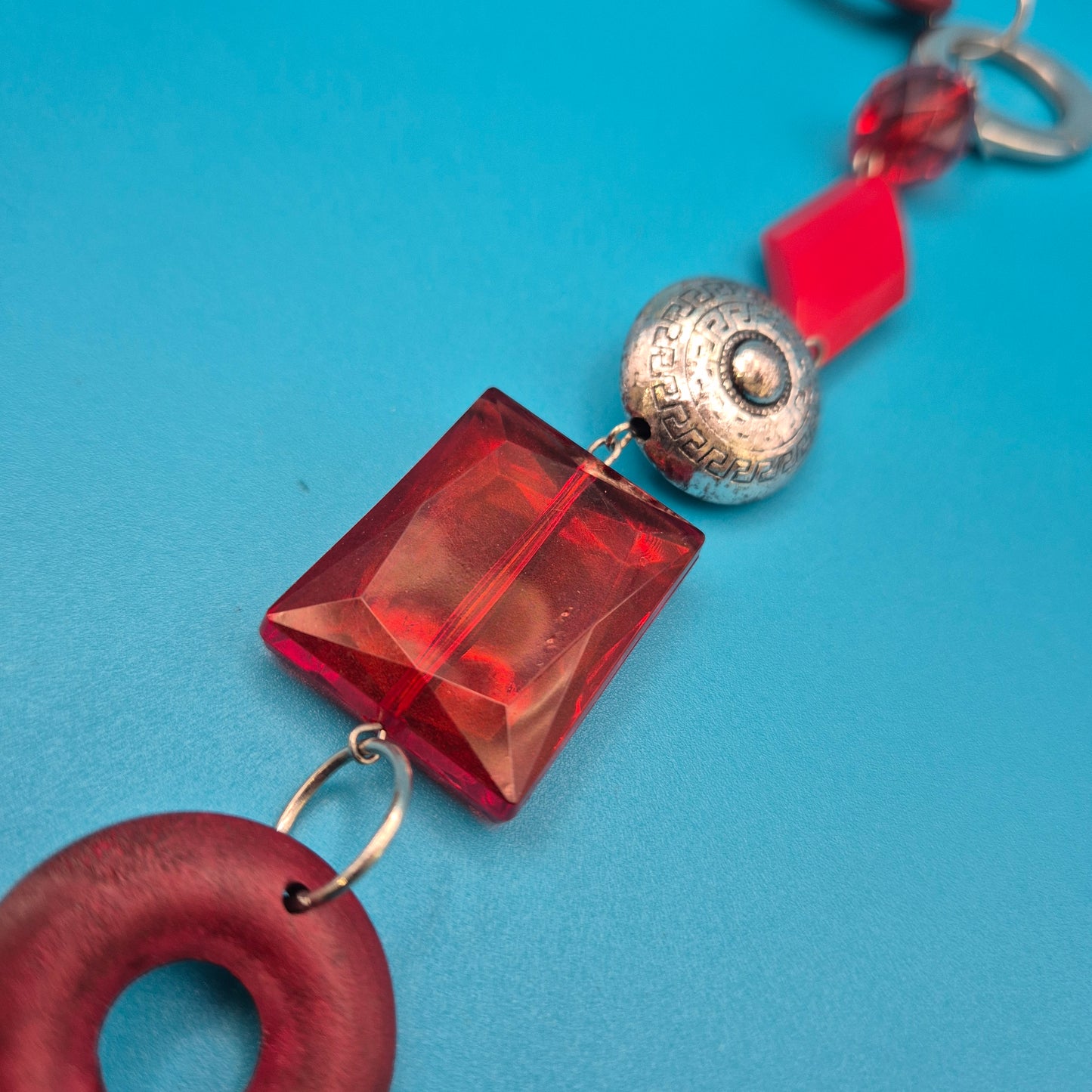Vintage Statement Kette Rote Glasperlen Silber Design Akzente Boho Modeschmuck