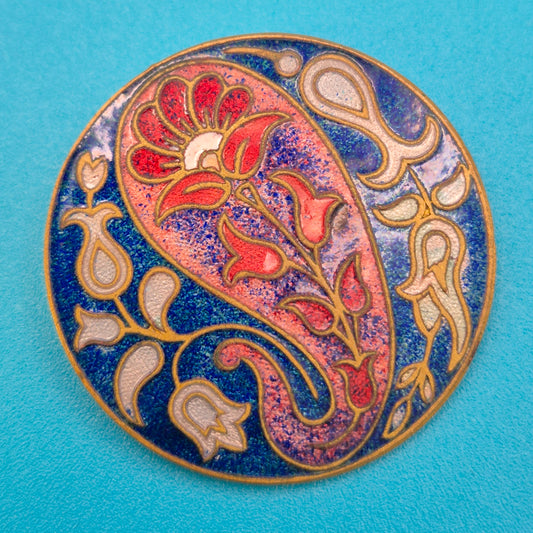 Vintage Emaille Brosche Paisley-Design Blumenornamente Goldfarben